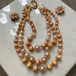 Vintage Estate Multi 3 Strand PEACH Swirl BEAD 15” NECKLACE Clip Earrings SET